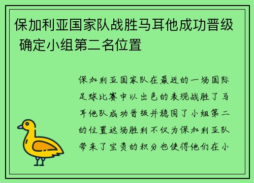 保加利亚国家队战胜马耳他成功晋级 确定小组第二名位置
