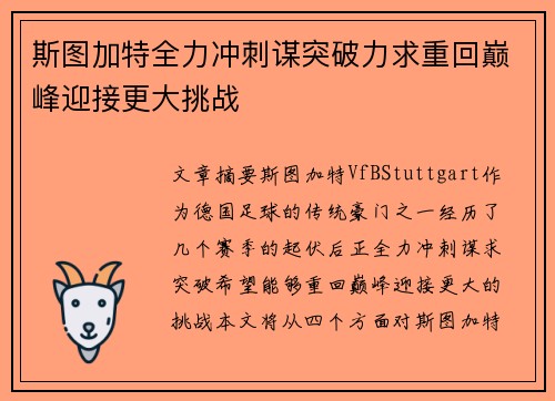 斯图加特全力冲刺谋突破力求重回巅峰迎接更大挑战