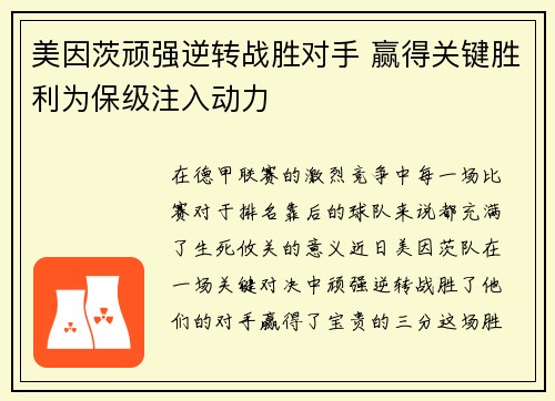 美因茨顽强逆转战胜对手 赢得关键胜利为保级注入动力