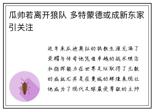 瓜帅若离开狼队 多特蒙德或成新东家引关注