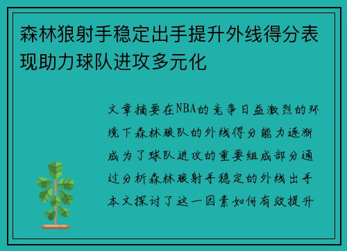 森林狼射手稳定出手提升外线得分表现助力球队进攻多元化